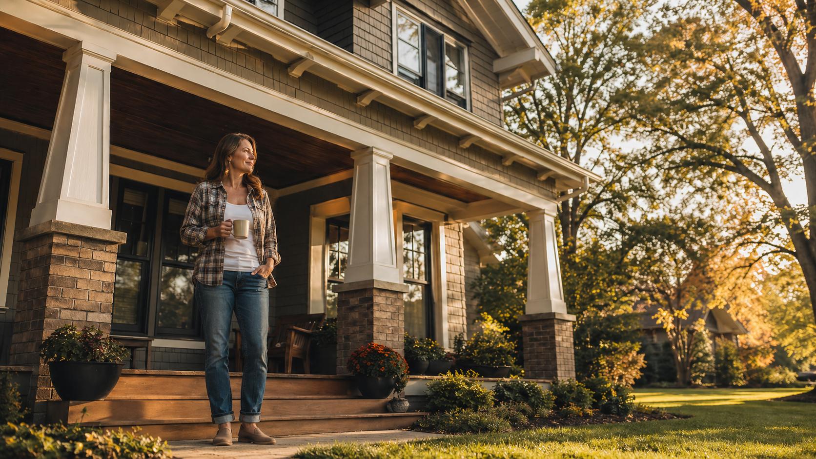 A homeowner enjoying coffee on the front porch of her West Michigan home, autumn afternoon.